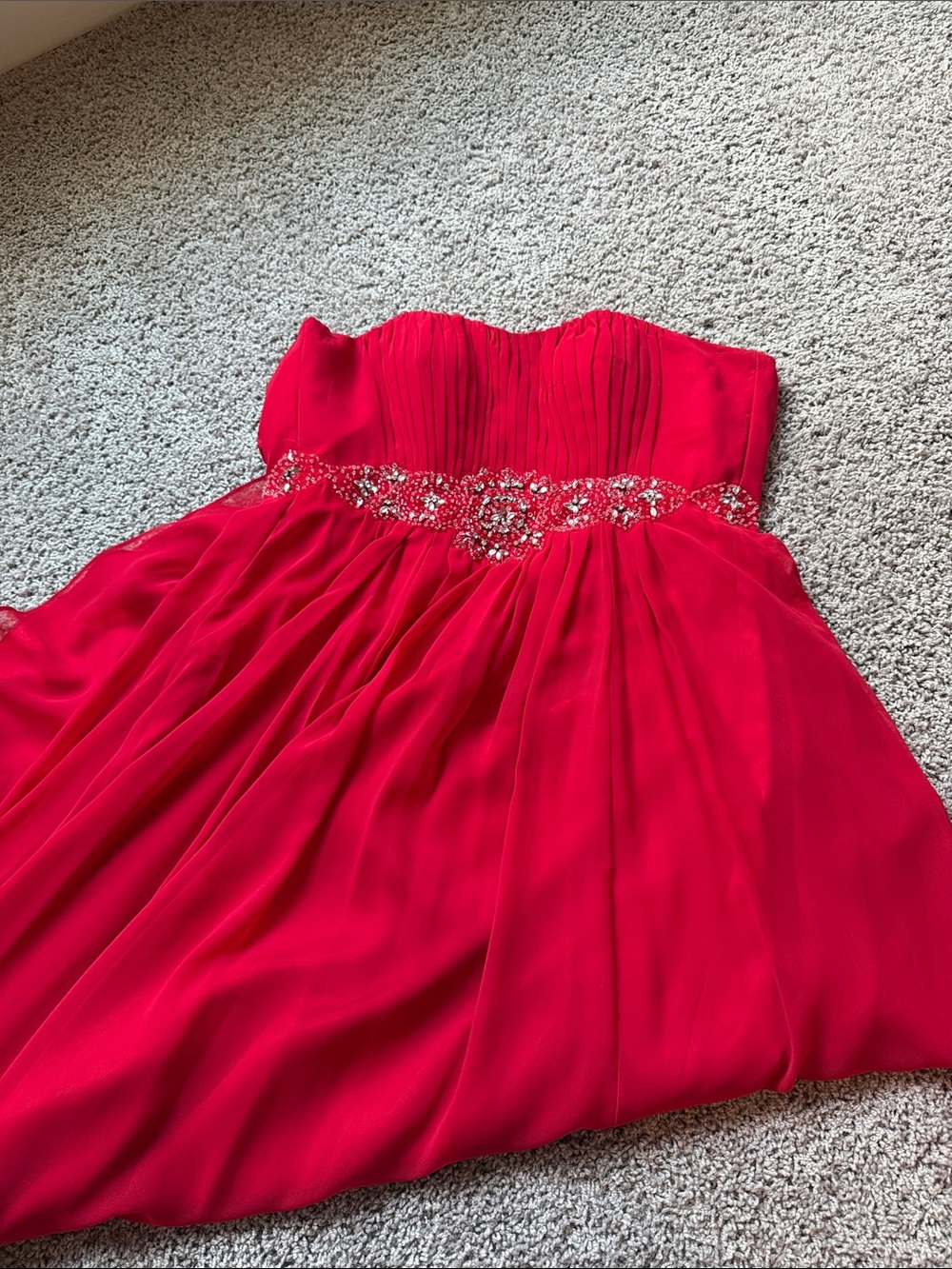 Strapless Red Girls' Party Dress with Beaded Waist prom